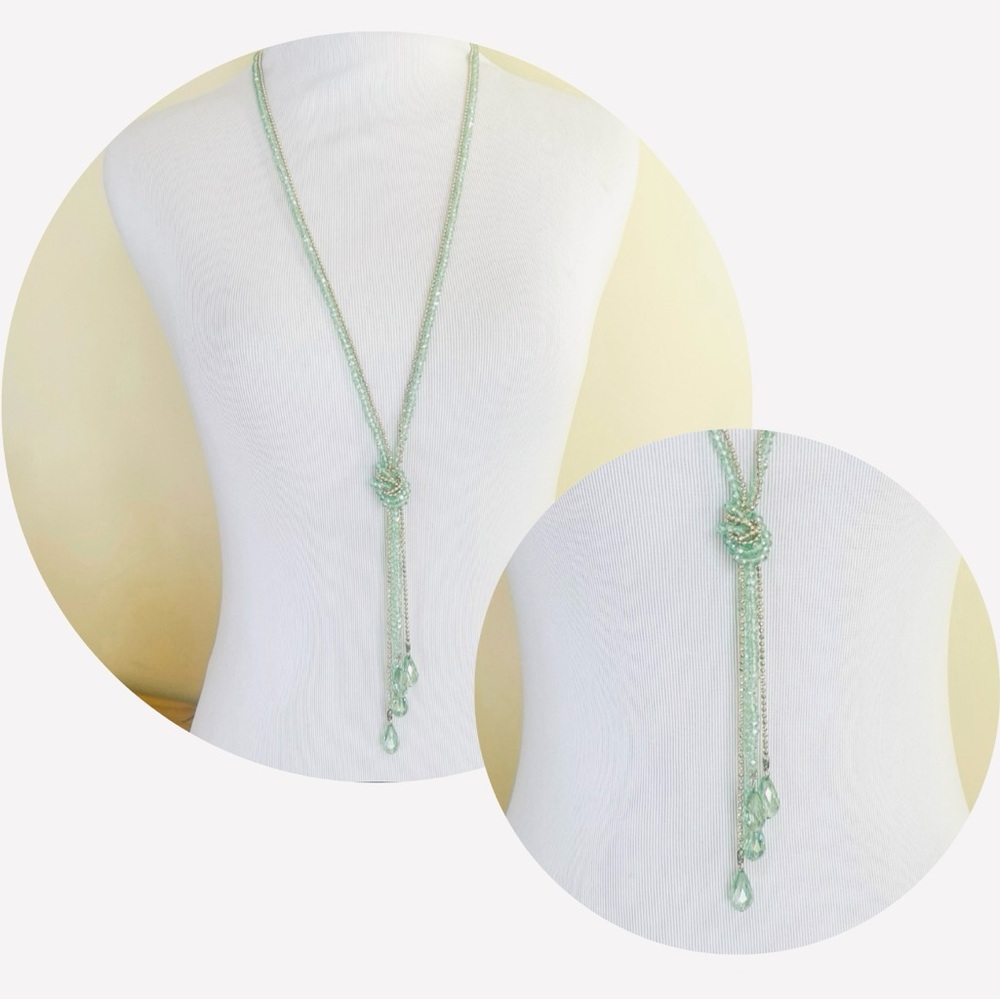 Boho Lariat Knot Tassel Gold-T Green Faceted Beaded Necklace Droplet Briolette